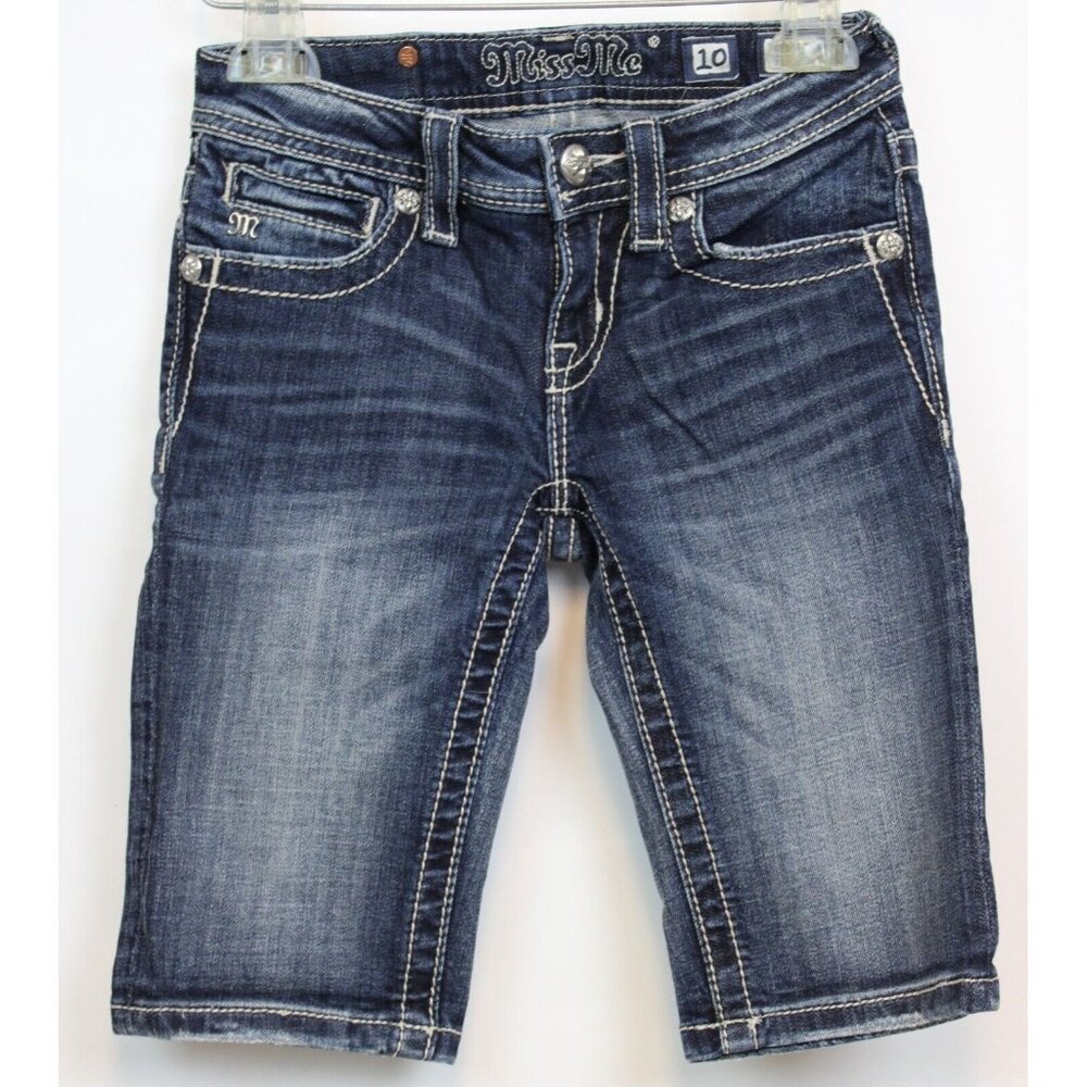 Miss Me girls Long Denim Shorts Embellished Rhinestones Lace JK5100M9 sz 10